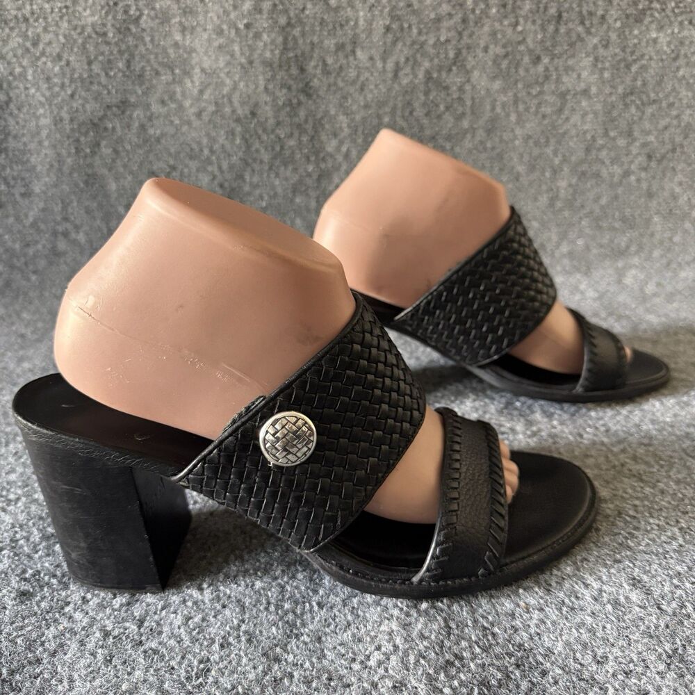 Brighton Reggio Woven Block Heel Slide Sandals Black Leather Slip-On Straps 10M